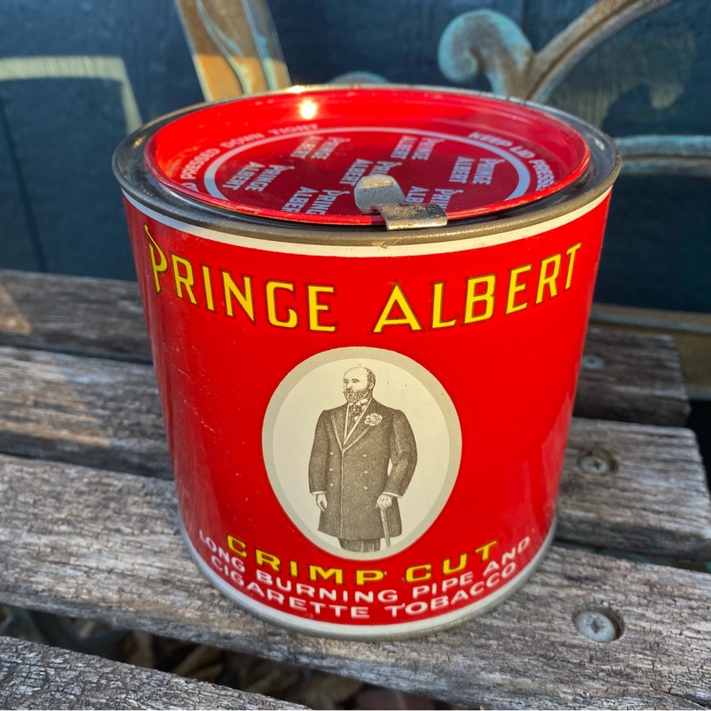 Vintage Antique Prince Albert Red Tobacco Tin, round red tin with opener